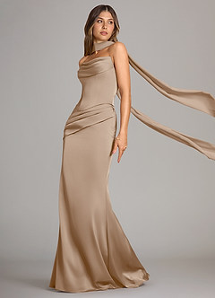 Azazie Sorrel Brautjungfernkleider Wandelbar Meerjungfrau-Linie Schulterfrei Stretch-Satin Kleid Taupe image4