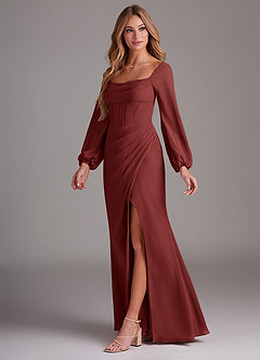 Azazie Charissa Robes de demoiselle d'honneur Robe Fourreau en Mousseline de soie Manches longues Terracotta image4