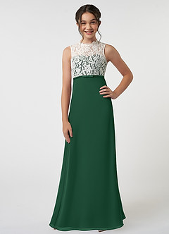 Azazie Rana Junior Robe Trapèze en Mousseline de soie Dentelle Vert Foncé image1