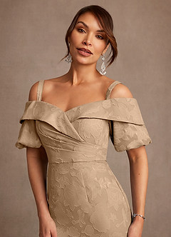Azazie Golda Mother of the Bride Dresses Champagne Sheath Off the Shoulder Floral Burnout Dress image4