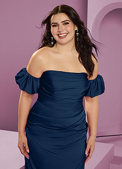 Barbie ♥ Azazie Bridesmaid Dresses Dark Navy Sheath Off the Shoulder Stretch Satin Convertible Dress image15
