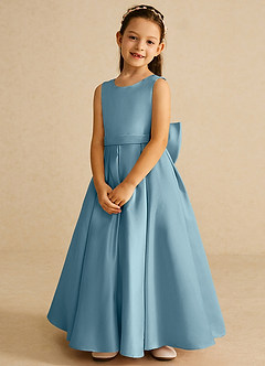 Azazie Pipsy Flower Girl Dresses Moody Blue A-Line Bow Matte Satin Dress image4