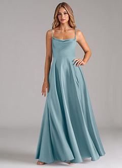 Azazie Elle Robes de demoiselle d'honneur Robe Trapèze en Satin extensible Plissée Bleu Maussade image1