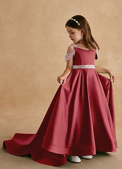 Azazie Jodi Flower Girl Dresses Pomegranate A-Line Matte Satin Dress image1