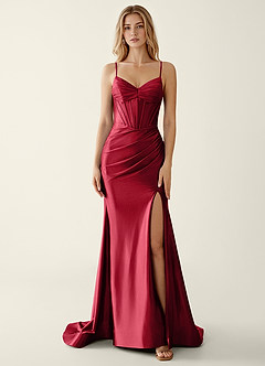Indigo Wine Satin V-neck Sequins Mermaid Prom Dress | Azazie