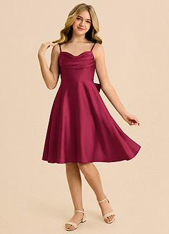 Azazie Bear Junior Burgundy A-Line Sweetheart Neckline Stretch Satin Dress image3