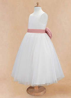 Azazie Kavi Blumenmädchenkleider A-Linie Schleifen Matte Satin Kleid Elfenbein Altrosa image9