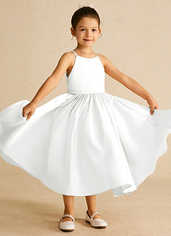 Azazie Sunray Flower Girl Dresses Diamond White A-Line Spaghetti Strap Matte Satin Dress image2