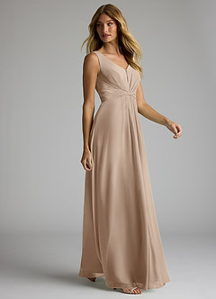 Azazie Gina Final Sale Taupe A-Line V-Neck Pleated Chiffon Dress image3