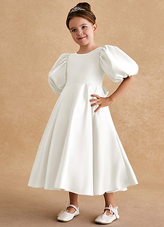 Azazie Sugarplum Robe Demoiselle D'honneur Fillette Robe Trapèze en Mat Satiné avec manches Ivoire image4