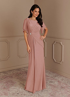 Azazie Louanne At-home Try On Dresses Dusty Rose Mermaid Boatneck Pleated Luxe Knit Dress image1