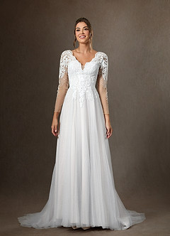 Azazie Essy Vestidos de noiva Vestido Diamante Branco de Tule de Linha A com Lantejoulas image4