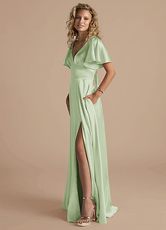 Azazie Kimber Bridesmaid Dresses Dusty Sage A-Line Ruched Metallic Satin Dress image3