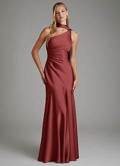 Azazie Amara Robes de demoiselle d'honneur Robe Sirène en Satin extensible Asymétrique Terracotta image1