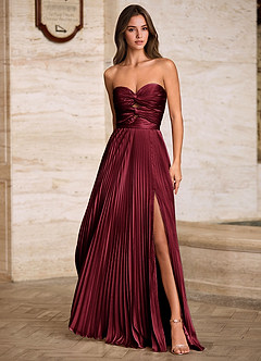 Ylura Burgunderrot A-Linien-Plissee-Abendkleid image4