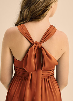 Azazie Jaylah Junior Cinnamon A-Line Pleated Stretch Satin Dress image7