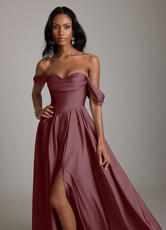 Azazie Loisa Abiti da Damigella Abito A-Line in Raso Elasticizzato a Spalla Scoperta Sangria image5