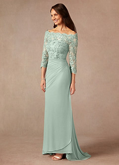 Azazie Rhonda Mother of the Bride Dresses Agave Mermaid Off the Shoulder Mesh Dress image4