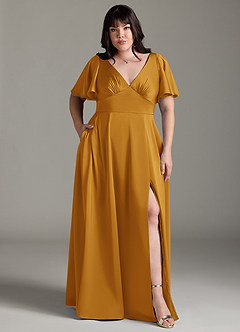 Azazie Kimber Bridesmaid Dresses Butterscotch A-Line Ruched Stretch Satin Dress image7