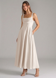 Azazie Shaude Bridesmaid Dresses White Alabaster A-Line Pleated Stretch Satin Dress image5