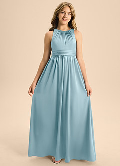 Azazie Jaylah Junior Moody Blue A-Line Pleated Stretch Satin Dress image6