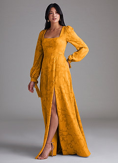 Azazie Leonia At-home Try On Dresses Butterscotch A-Line Long Sleeve Floral Burnout Dress image2
