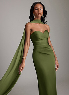 Azazie Sonora Vestidos de damas de honor Vestido de Oliva de Satén Elástico de Corte Recto con Sin tirantes image4