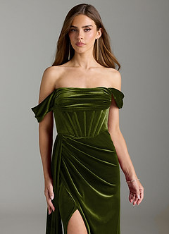 Azazie Amyra Bridesmaid Dresses Olive Sheath Off the Shoulder Velvet Convertible Dress image4