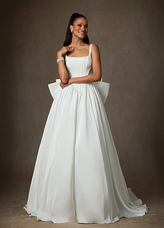 Azazie Cyanne Wedding Dresses Diamond White Ball-Gown with Pockets Stretch Satin Dress image1