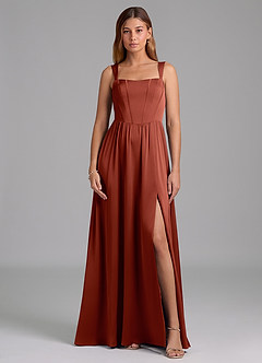 Azazie Rosaline Bridesmaid Dresses Terracotta A-Line Side Slit Stretch Satin Dress image3