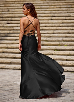 Luminous Black Spaghetti Straps Stretch Satin Open Back Prom Dress image6