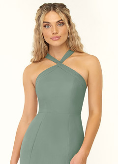 Azazie Rue Vestidos de damas de honor Vestido de Salvia Plateada de Gasa de Corte en A con Halter image6