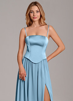 Azazie Cadence Bridesmaid Dresses Steel Blue A-Line Corset Stretch Satin Convertible Dress image2