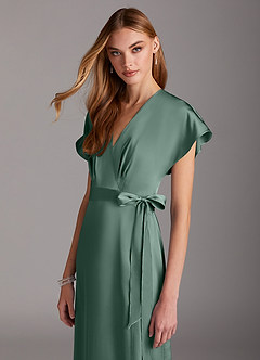 Azazie Nico Bridesmaid Dresses Eucalyptus A-Line V-Neck Stretch Satin Dress image6