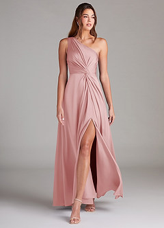 Azazie Brooke Bridesmaid Dresses Powder Pink A-Line One Shoulder Stretch Satin Dress image4