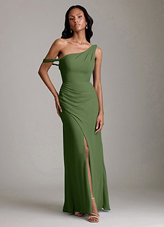 Azazie Madelyn Bridesmaid Dresses Olive Mermaid One Shoulder Chiffon Convertible Dress image1