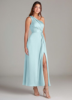 Azazie Brooke Robes de demoiselle d'honneur Robe Trapèze en Satin extensible Asymétrique Bleu Nuage image4