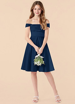 Azazie Amira Junior Dark Navy A-Line Pleated Stretch Satin Dress image3