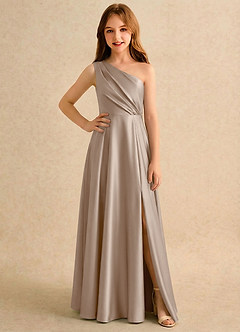 Azazie Puddles Girls Formal Flower Girl Dresses Taupe A-Line One Shoulder Stretch Satin Dress image1