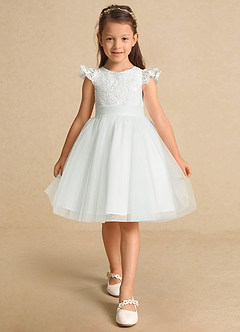 Azazie Vetty Flower Girl Dresses Ivory A-Line Lace Tulle Dress image6