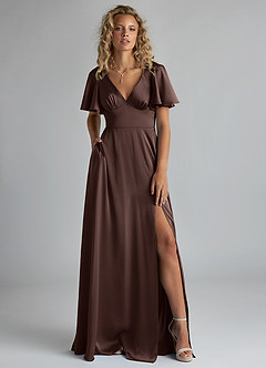 Azazie Kimber Bridesmaid Dresses Ganache A-Line Ruched Stretch Satin Dress image1