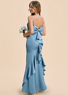 Azazie Lioren Junior Steel Blue Sheath Bow Stretch Satin Dress image4