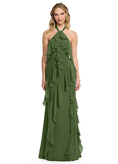 Azazie Velma Bridesmaid Dresses Olive A-Line Side Slit Chiffon Dress image1