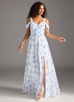 Azazie Lianne Bridesmaid Dresses Blue Cottage Floral A-Line Off the Shoulder Chiffon Dress image4