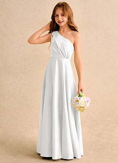 Azazie Puddles Girls Formal Flower Girl Dresses White A-Line One Shoulder Matte Satin Dress image6