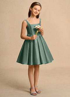 Azazie Jello Flower Girl Dresses Eucalyptus Ball-Gown Pleated Matte Satin Dress image4