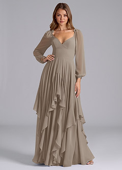 Azazie Karan Abiti da Damigella Abito A-Line in Chiffon Manica Lunga Taupe image3