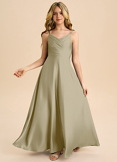 Azazie Bug Junior Vestido de Musgo Verde de Satén Elástico de Corte en A con Plisado image2