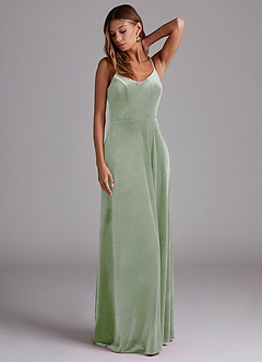 Azazie Moira 신부 들러리 드레스 A라인 포켓이 있는 벨벳 바닥 길이 드레스 image3