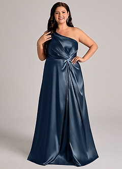 Azazie Brooke Bridesmaid Dresses Dark Navy A-Line One Shoulder Metallic Satin Dress image10
